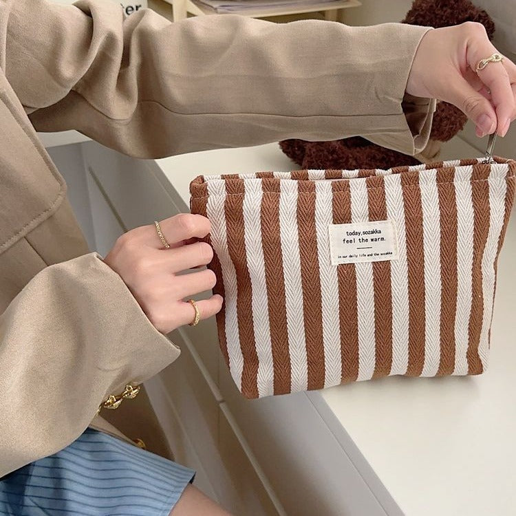 Striped Makeup Bag for Women | Cosmetic Pouch Travel Toiletry Organizer | Portable Storage Bag Gift