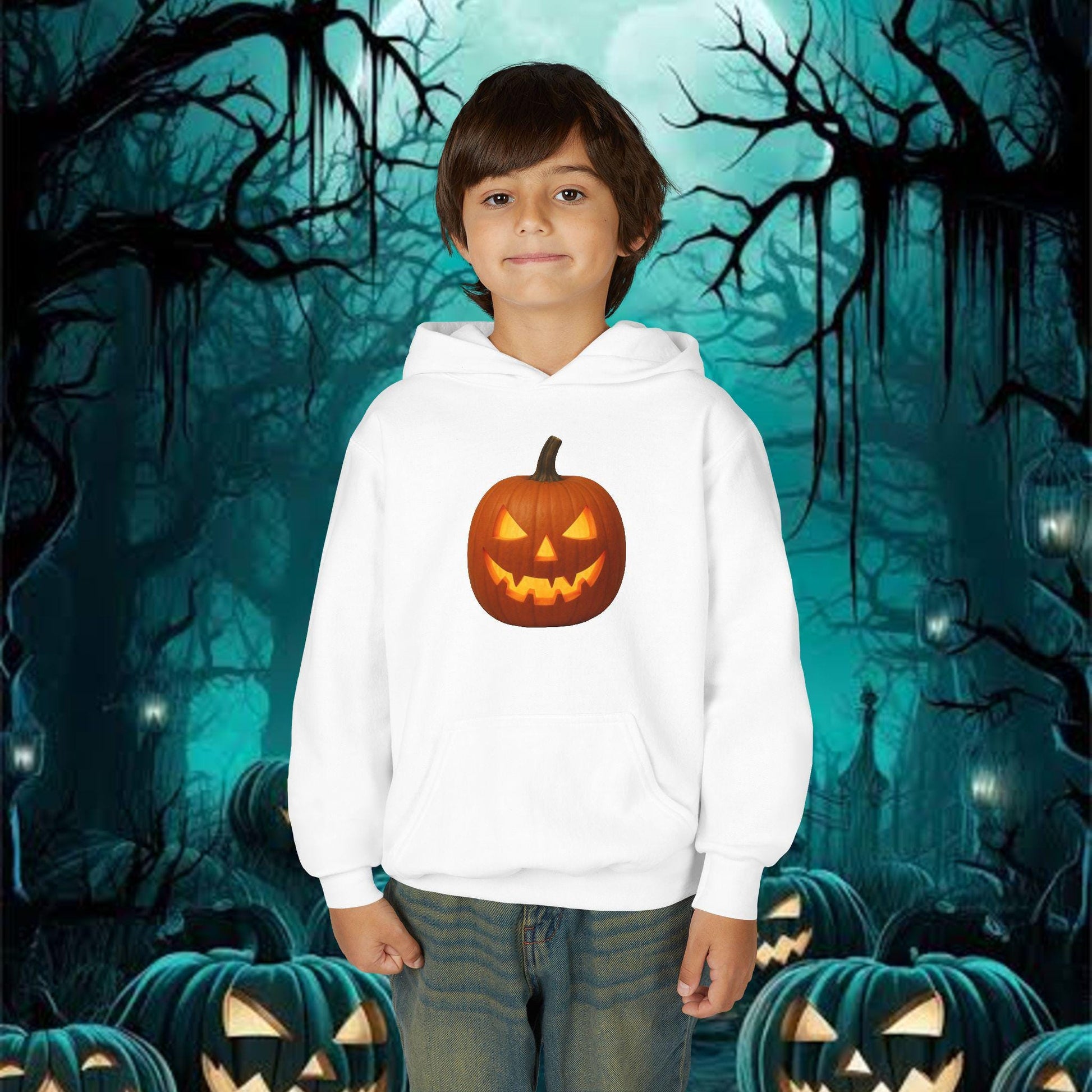 Halloween Pumpkin Youth Hoodie, Kids Cozy Sweatshirt, Seasonal Fall Apparel, Trick or Treat Outfit, Spooky Costume