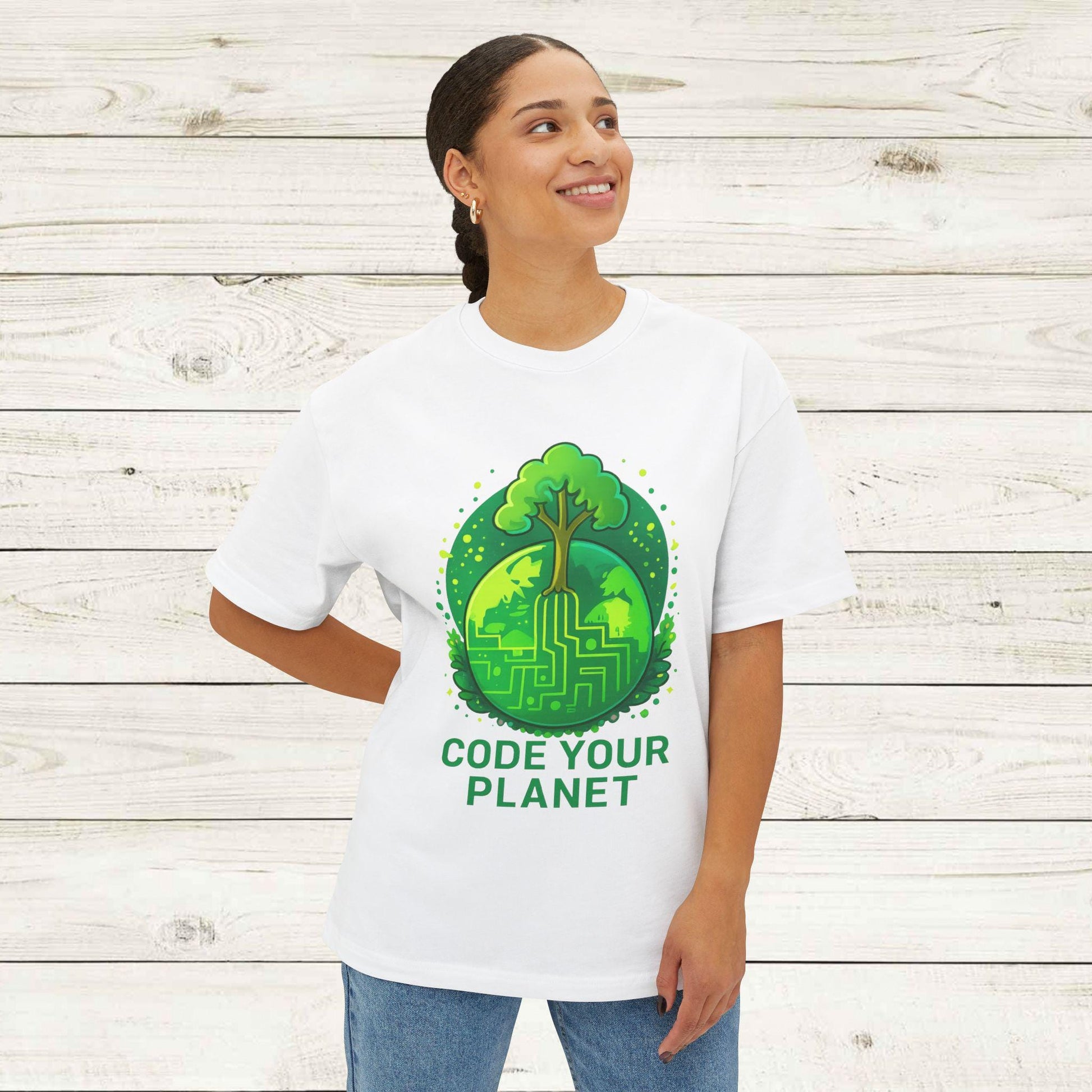 Eco-Friendly Code Your Planet Tee, Unisex Oversized T-Shirt, Gift for Programmers, Earth Day Apparel, Environmentally Conscious Fashion