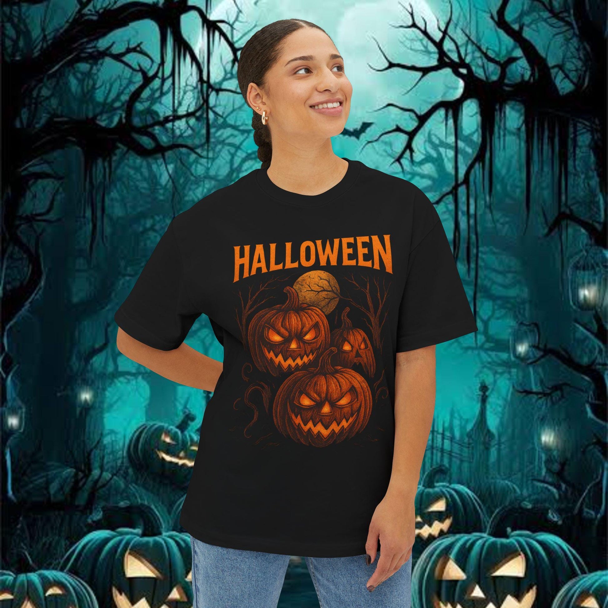 Halloween Pumpkin Graphic Tee, Unisex Boxy T-Shirt, Fall Fashion, Casual Halloween Outfit, Cozy Tee for Celebrations