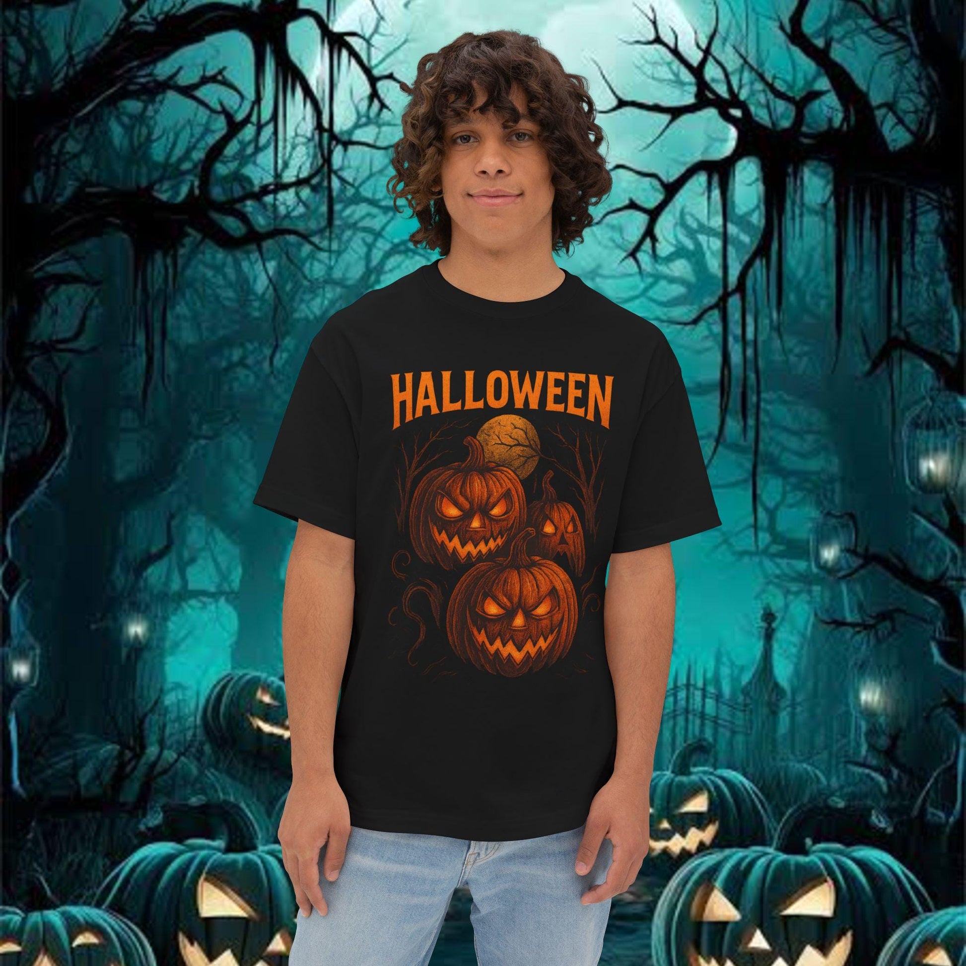 Halloween Pumpkin Graphic Tee, Unisex Boxy T-Shirt, Fall Fashion, Casual Halloween Outfit, Cozy Tee for Celebrations