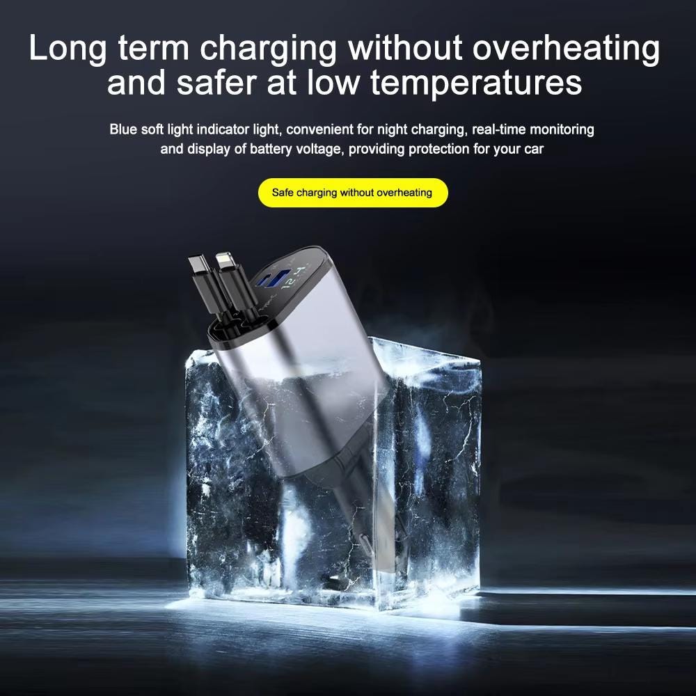 120W Car Charger Car Super Fast Charge Flash Charging, Telescopic Cable 4 in 1 Car Charger 2 USB Ports Adapter Compatible