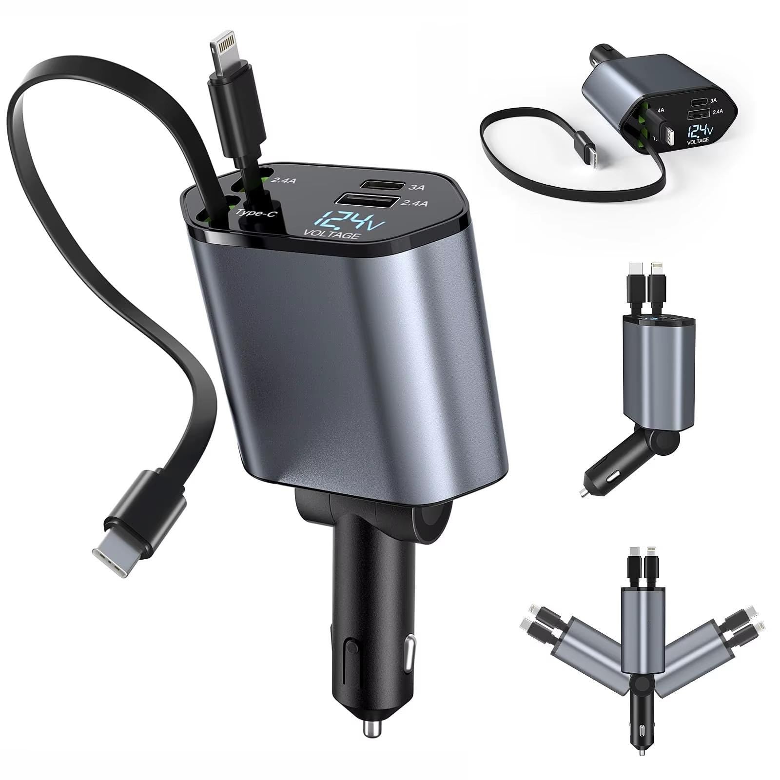 120W Car Charger Car Super Fast Charge Flash Charging, Telescopic Cable 4 in 1 Car Charger 2 USB Ports Adapter Compatible