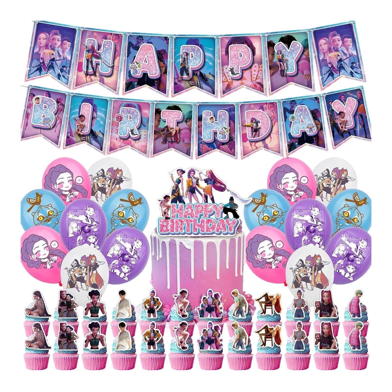 KPOP Demon Hunters Birthday Party Decoration Set Banner Cupcake Toppers Balloons