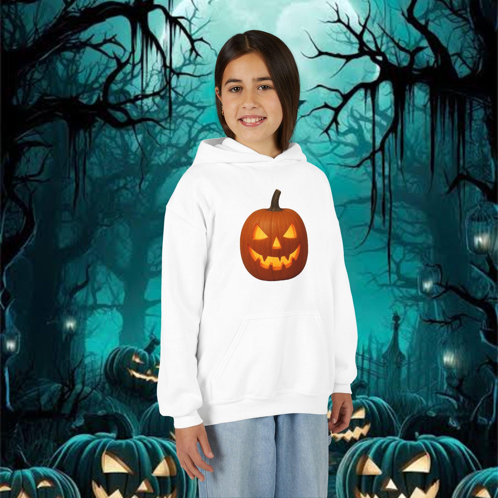 Halloween Pumpkin Youth Hoodie, Kids Cozy Sweatshirt, Seasonal Fall Apparel, Trick or Treat Outfit, Spooky Costume