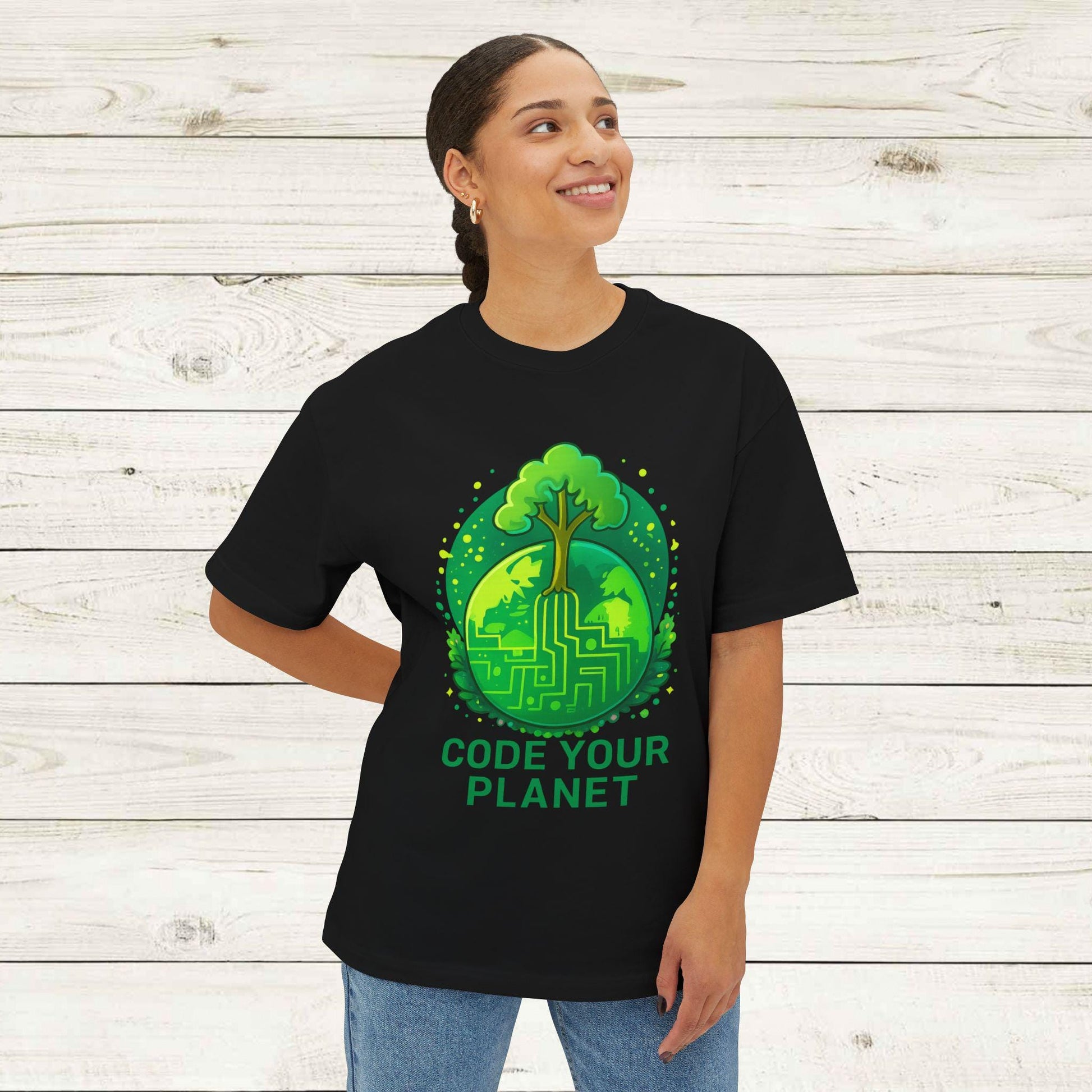 Eco-Friendly Code Your Planet Tee, Unisex Oversized T-Shirt, Gift for Programmers, Earth Day Apparel, Environmentally Conscious Fashion