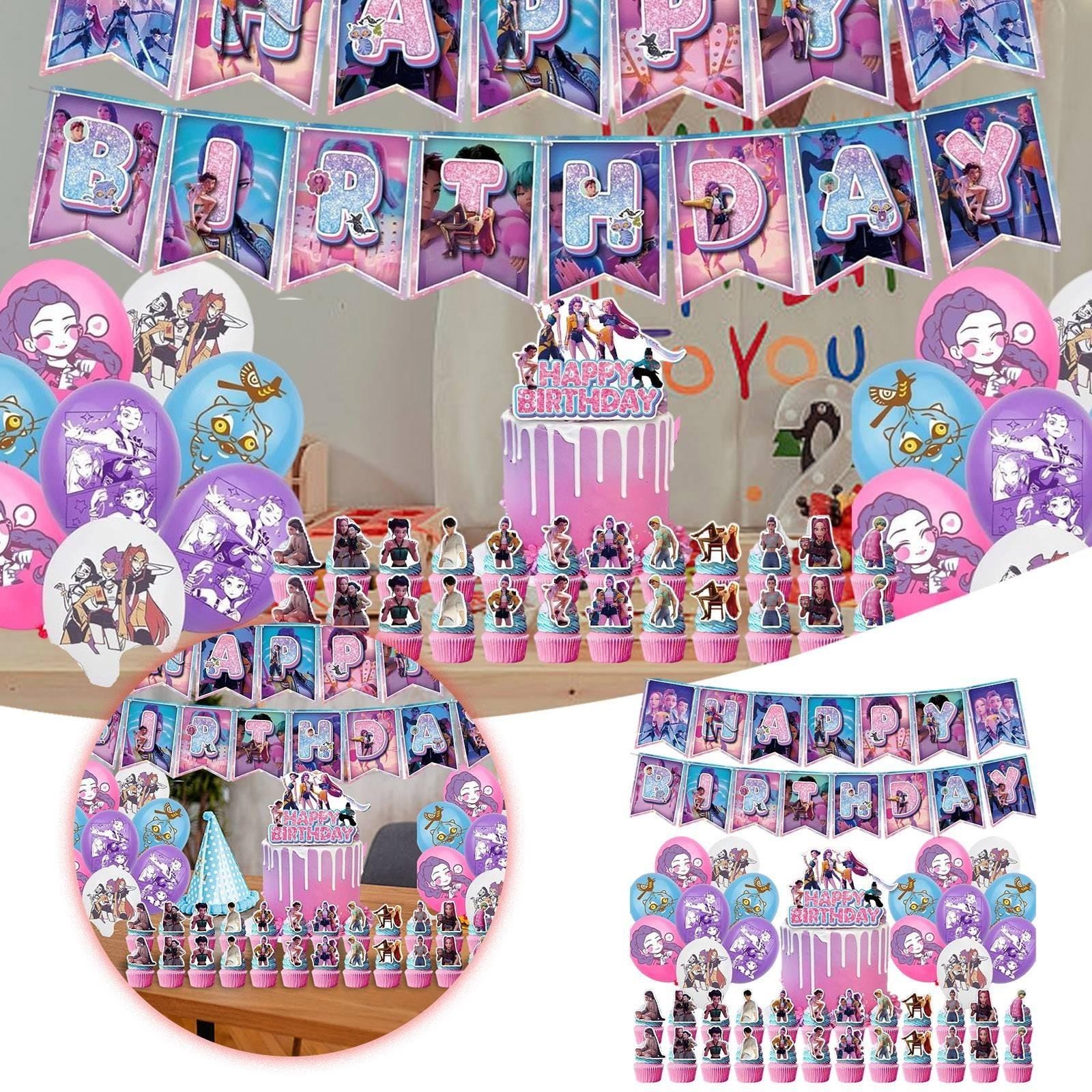 KPOP Demon Hunters Birthday Party Decoration Set Banner Cupcake Toppers Balloons