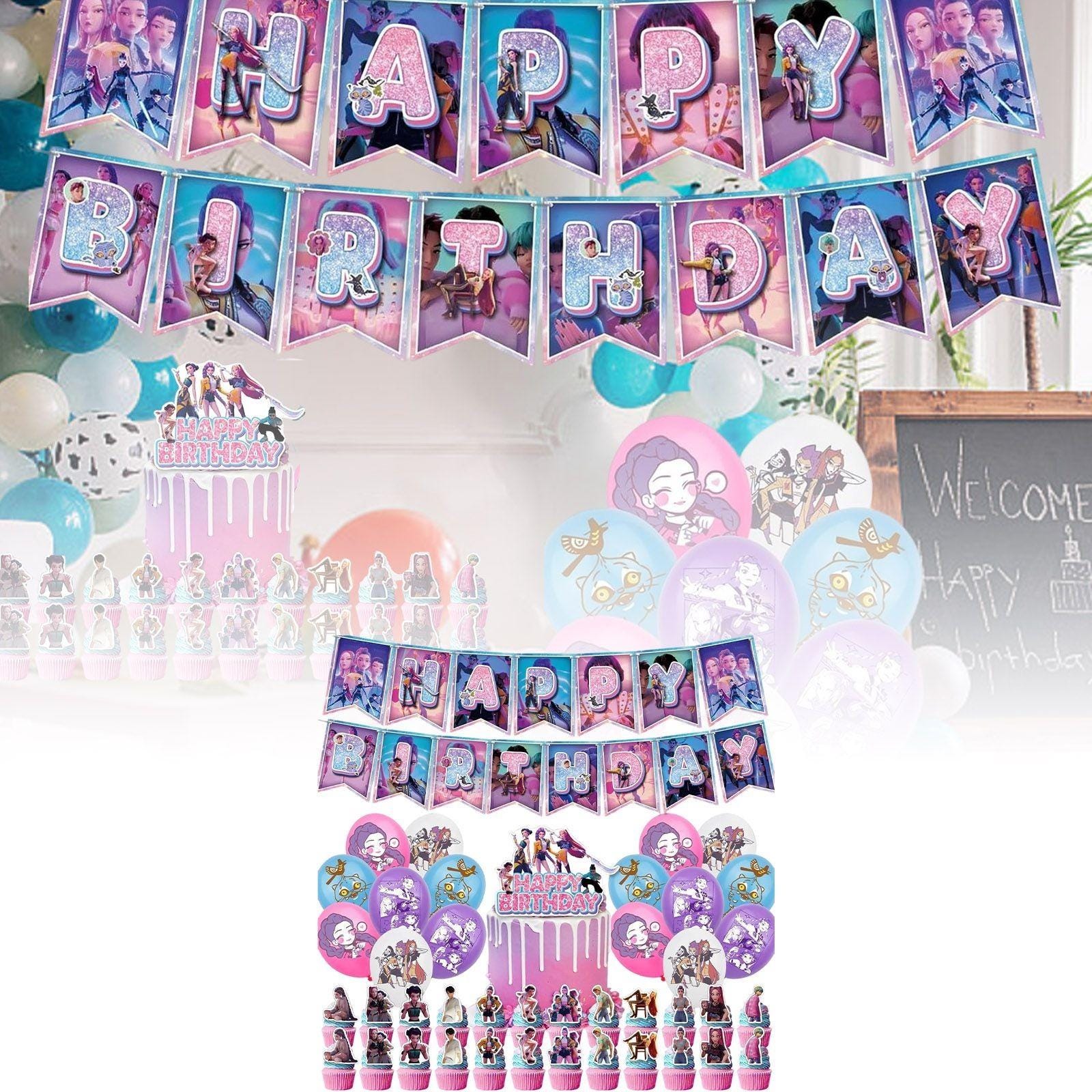 KPOP Demon Hunters Birthday Party Decoration Set Banner Cupcake Toppers Balloons