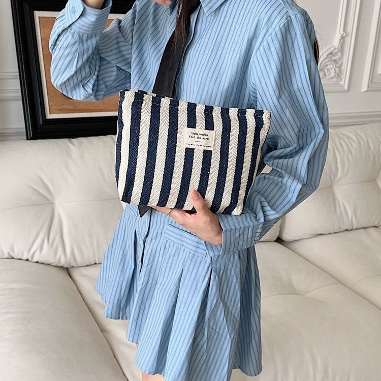 Striped Makeup Bag for Women | Cosmetic Pouch Travel Toiletry Organizer | Portable Storage Bag Gift