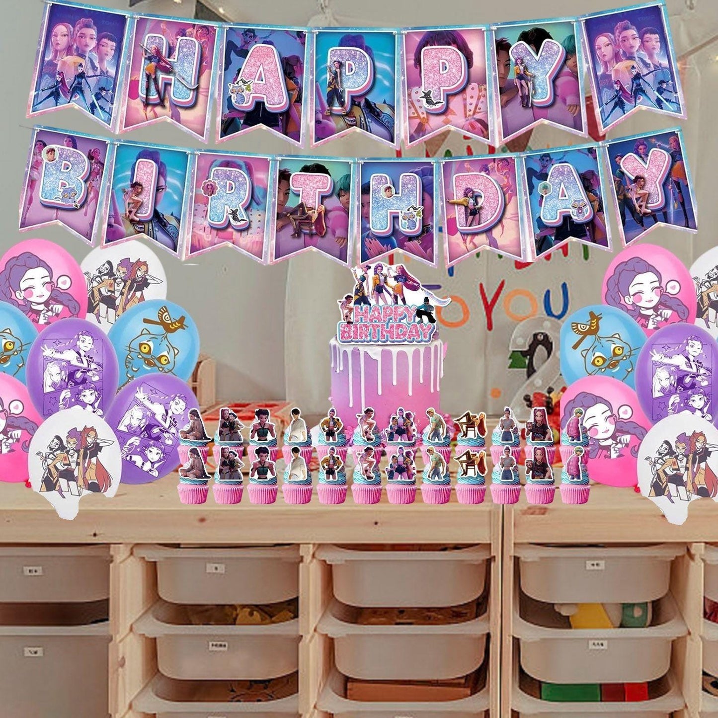 KPOP Demon Hunters Birthday Party Decoration Set Banner Cupcake Toppers Balloons