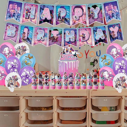 KPOP Demon Hunters Birthday Party Decoration Set Banner Cupcake Toppers Balloons
