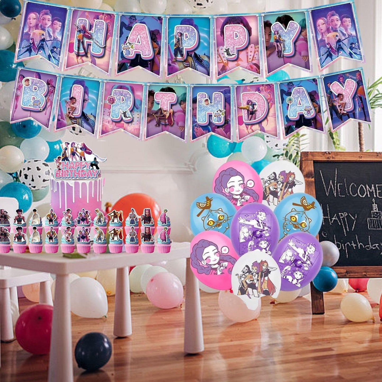 KPOP Demon Hunters Birthday Party Decoration Set Banner Cupcake Toppers Balloons