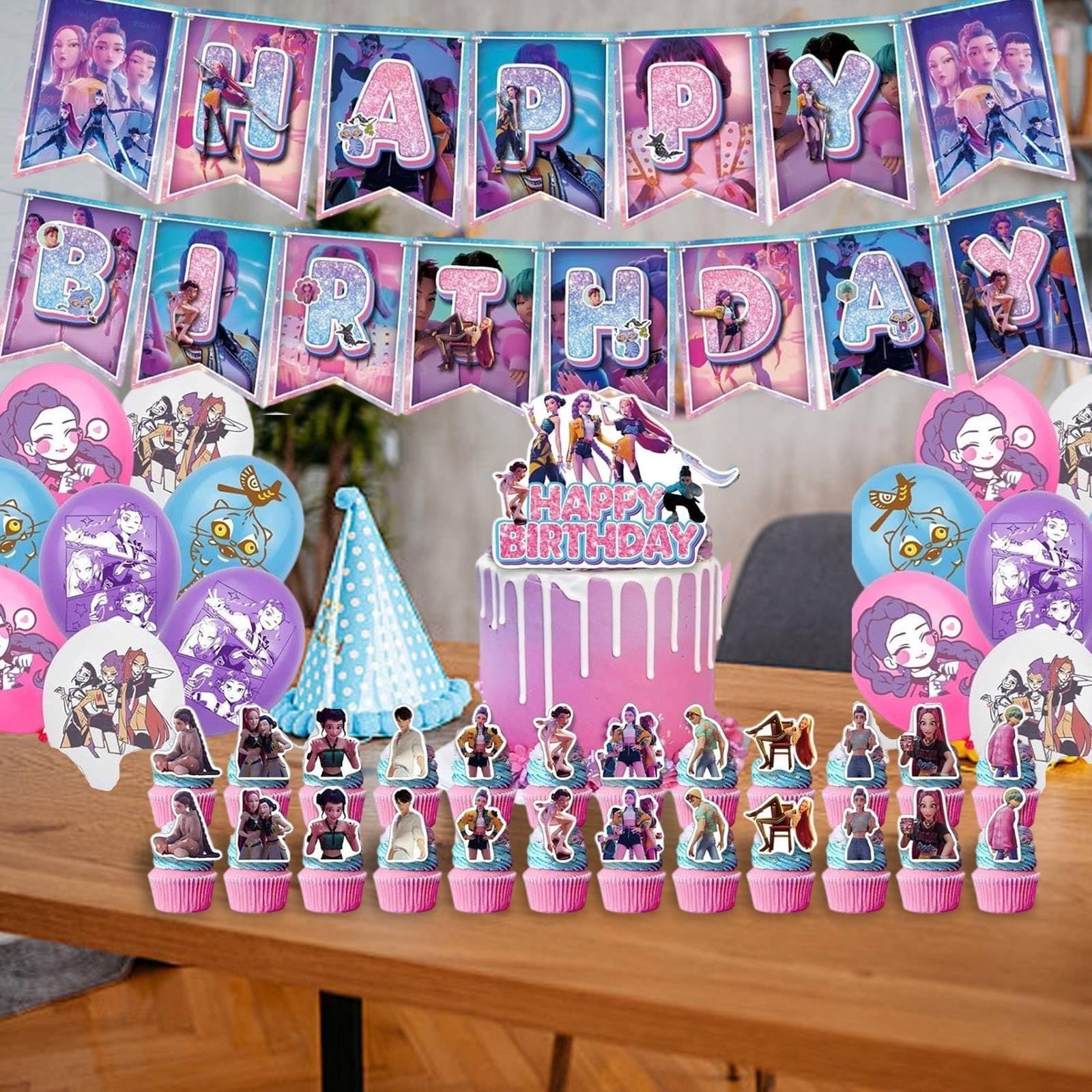KPOP Demon Hunters Birthday Party Decoration Set Banner Cupcake Toppers Balloons